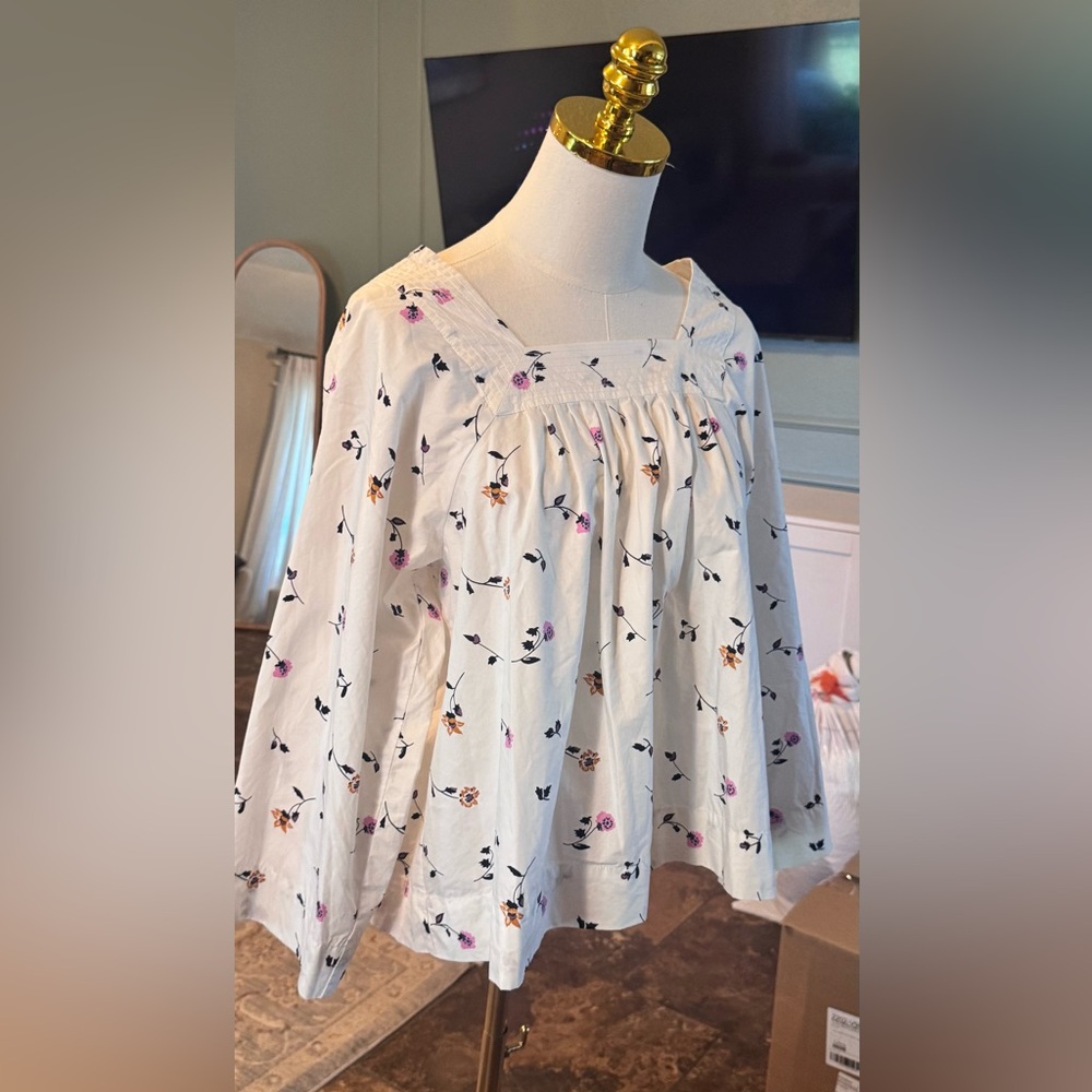Madewell Cream Floral Square-Neck Long-Sleeve Blouse